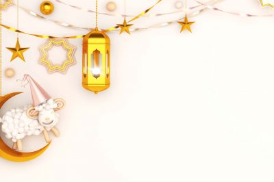 Sheep goat, crescent moon, star, ribbon, gold arabic lamp